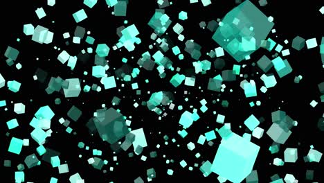 3d floating flying spinning cube shape square animation movement in space on black background visual effect geometric pattern colour teal