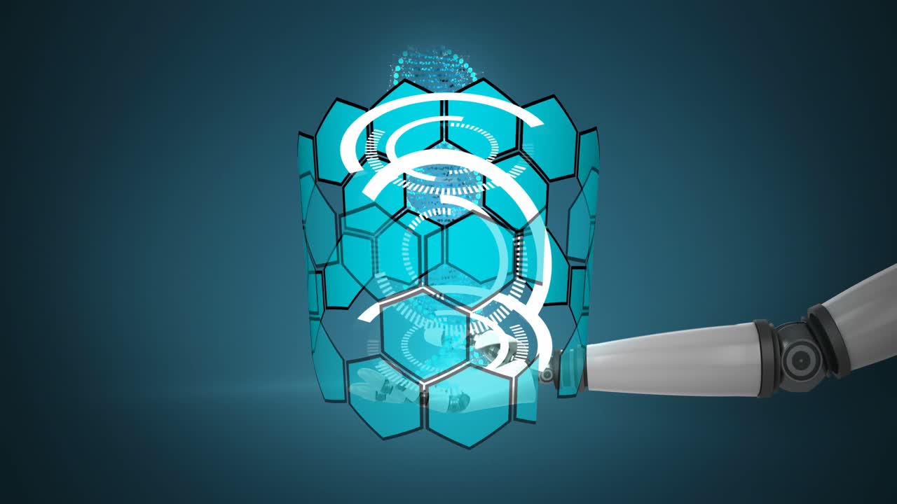 Animation of circles and dna strand spinning over robot's arm