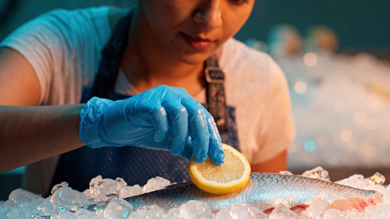 A skilled trade worker preparing freshly caught fish with lemon slices on a bed of ice, showcasing culinary expertise and attention to detail.