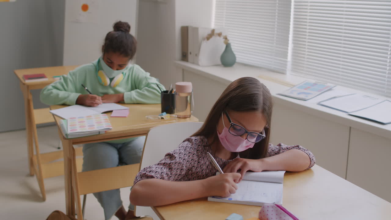 Schoolgirls in Face Masks in Class