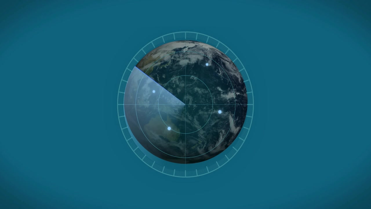 3D globe rotating in radar ring, playback starting wedge sweeping contacts for tech tracking