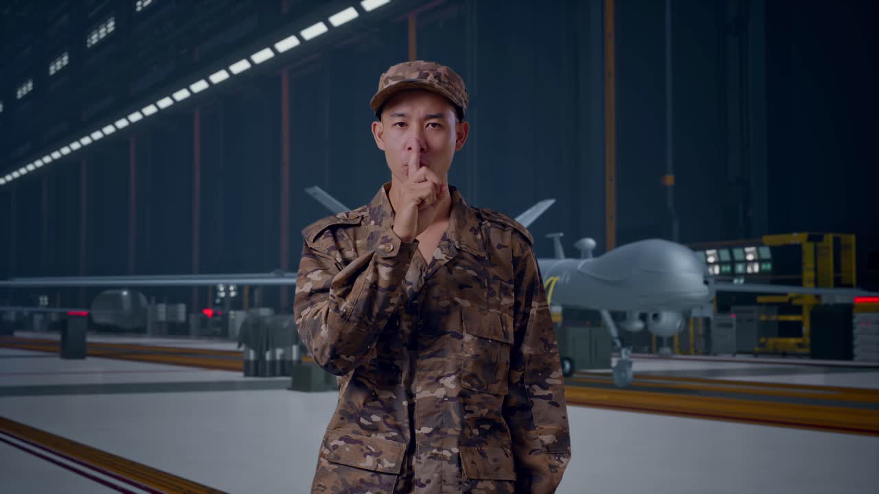 Asian Man Soldier Looking At Camera And Making Shh Gesture While Standing With Modern Military Drone In Maintenance Hangar