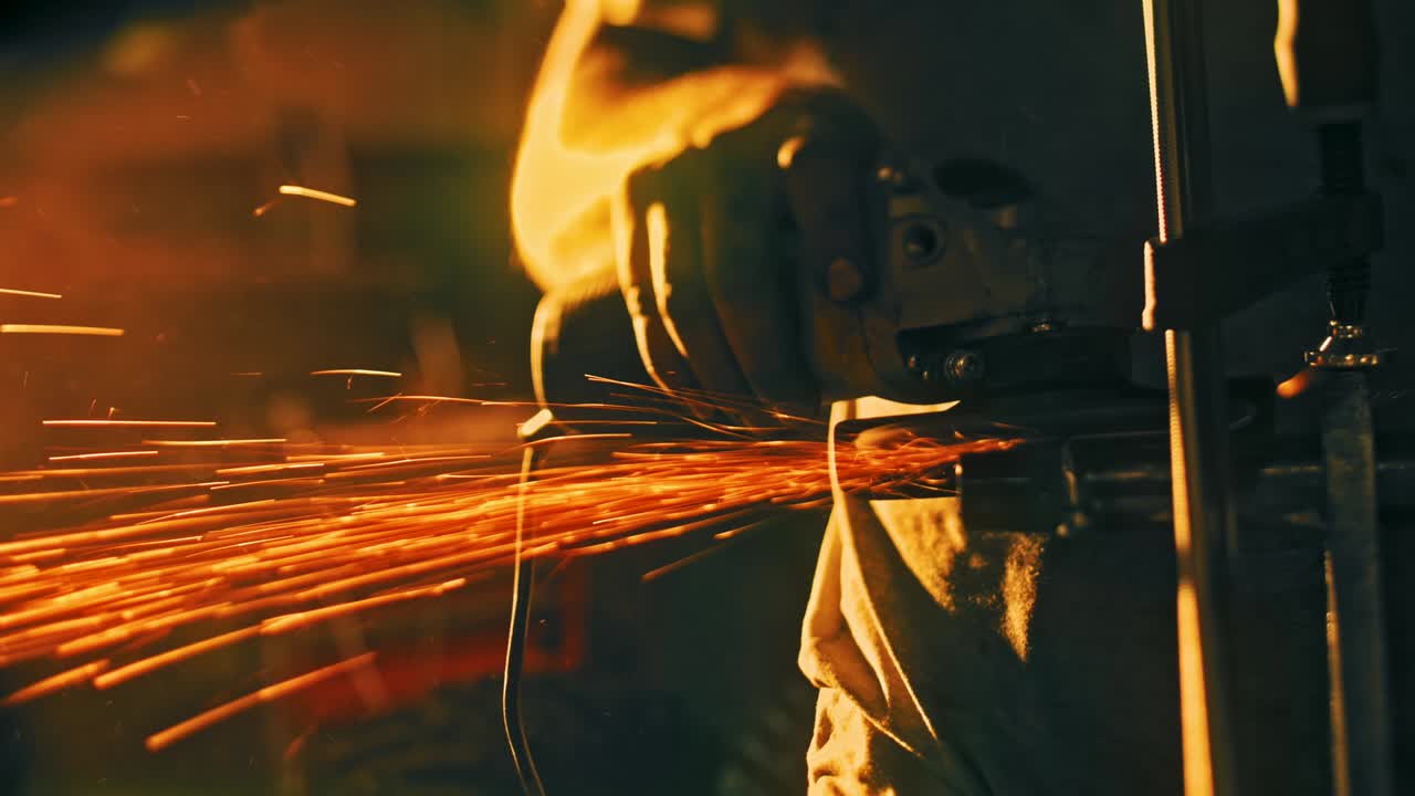 공장 노동자가 철 부품을 는 클로즈업. 스 영상. 더러운 손으로 노동자가 어두운 배경에 손으로 는 으로 철 부품를 는. 는 기계와 함께 일하는 것에서 불꽃.