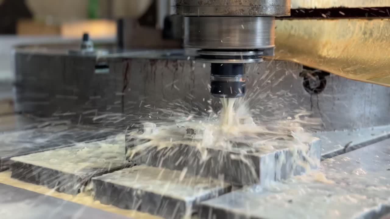 Automated Programmed CNC vertical drilling machine. Process over stainless steel metal piece Industrial Factory 4k. Type D