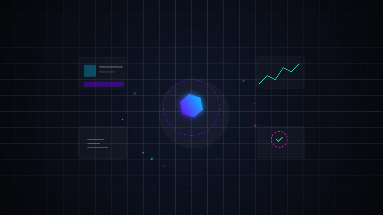 Abstract Digital Interface with Glowing Hexagon and Data Charts