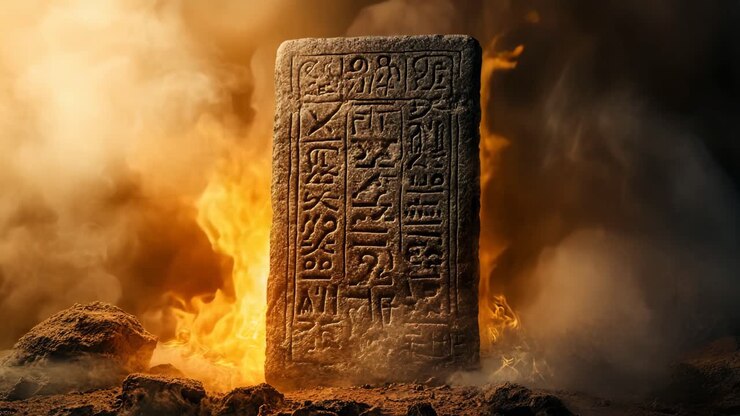 Stele egizia antica in fiamme