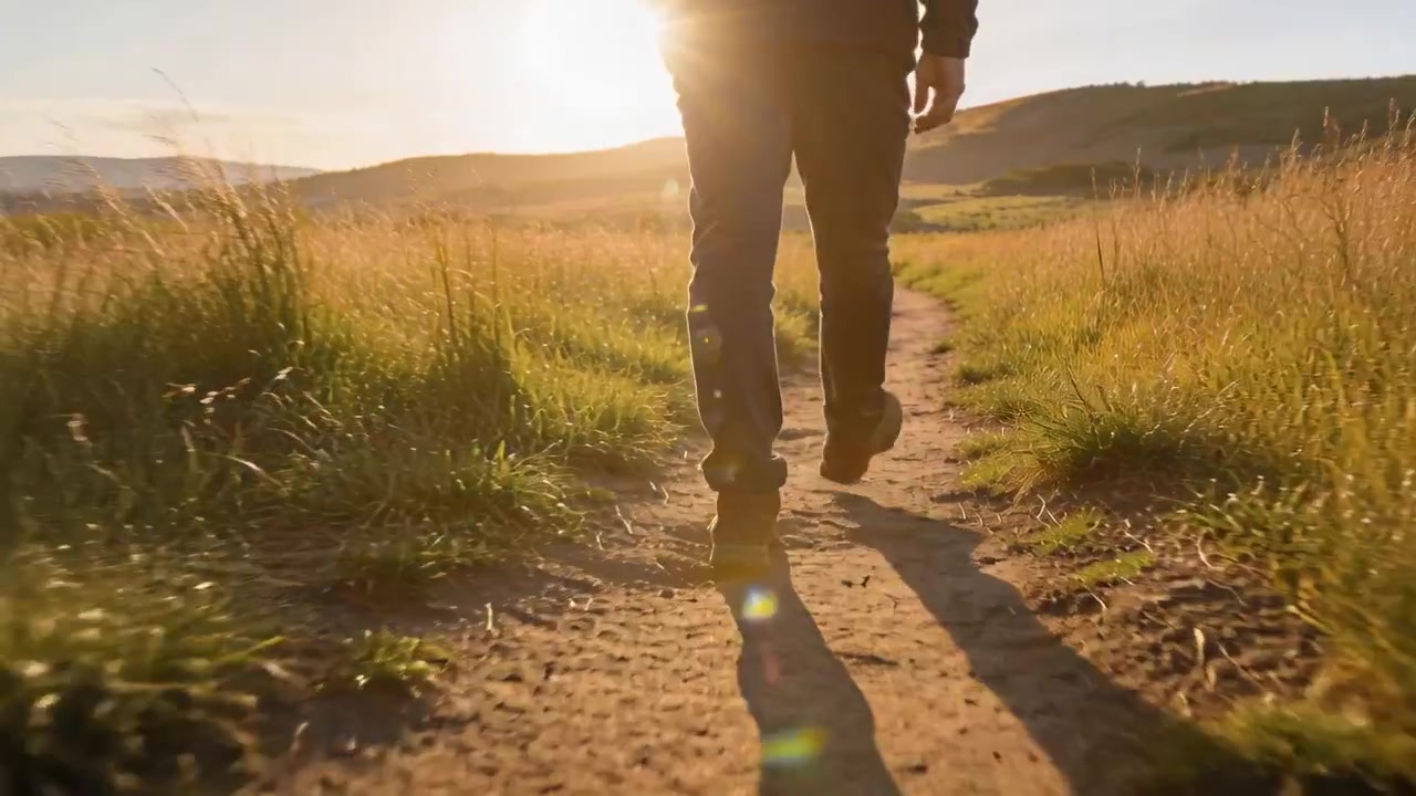 Homem caminhando de jaqueta, botas de caminhada, câmera começando baixa, acompanhando o passo ao longo de trilha de terra até as colinas.