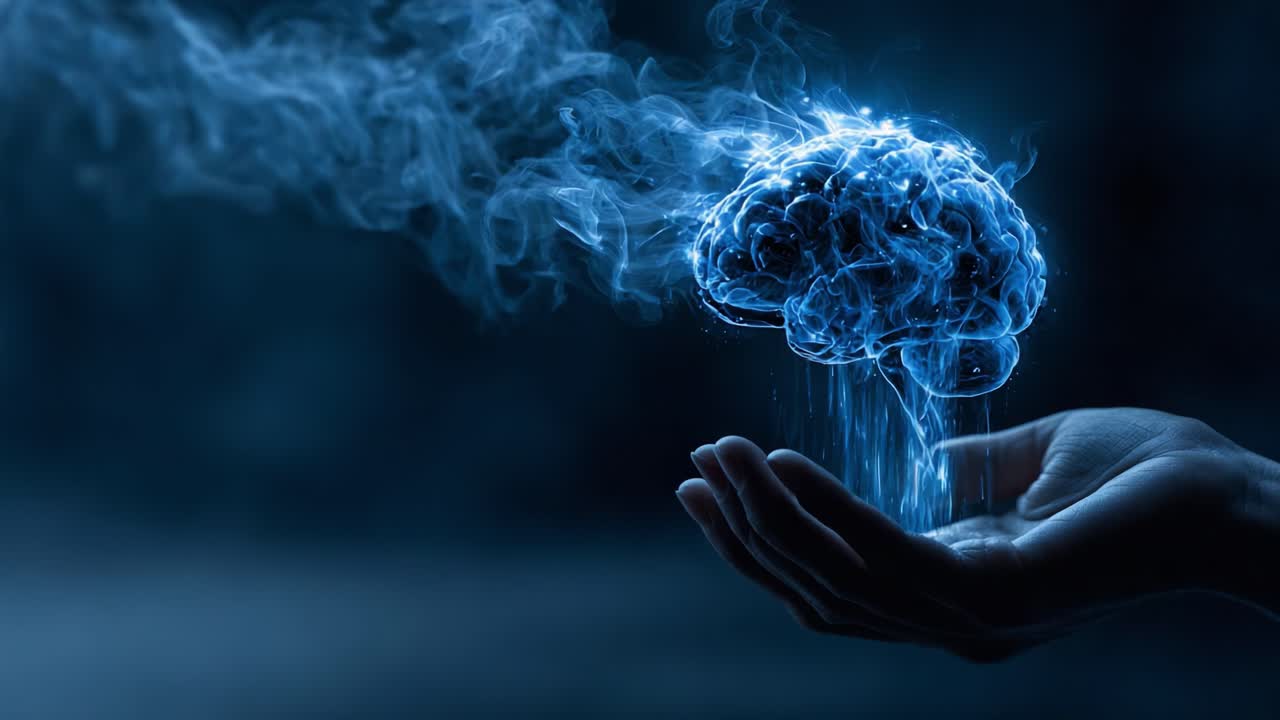 Una rappresentazione visiva di conoscenza e creatività: un etereo cervello formato da un fumo blu incandescente, sorretto da una mano tesa, che simboleggia intuizione e intelligenza