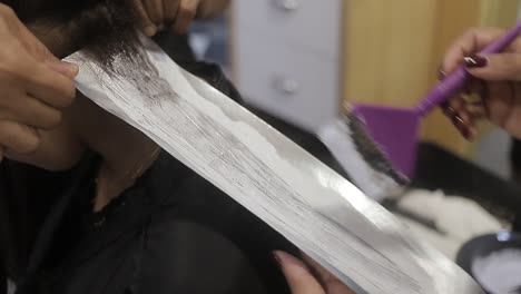 la estilista aplica tratamiento capilar al cabello del cliente para cambiar el color del cabello, negocio de salón de belleza