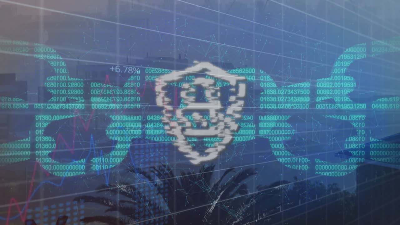 animación de candado y procesamiento de datos sobre el paisaje urbano