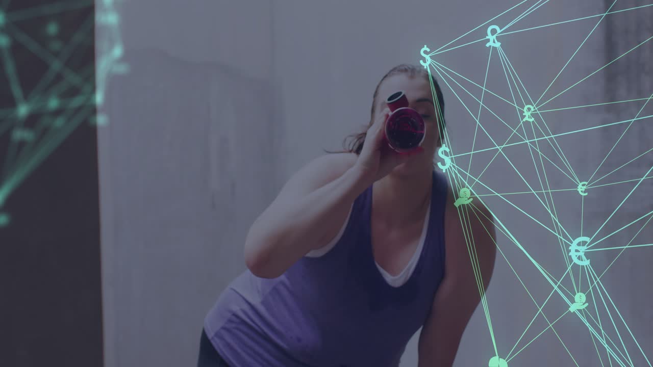 Mid adult woman sipping red bottle and starting turquoise data network showing fitness chart icons