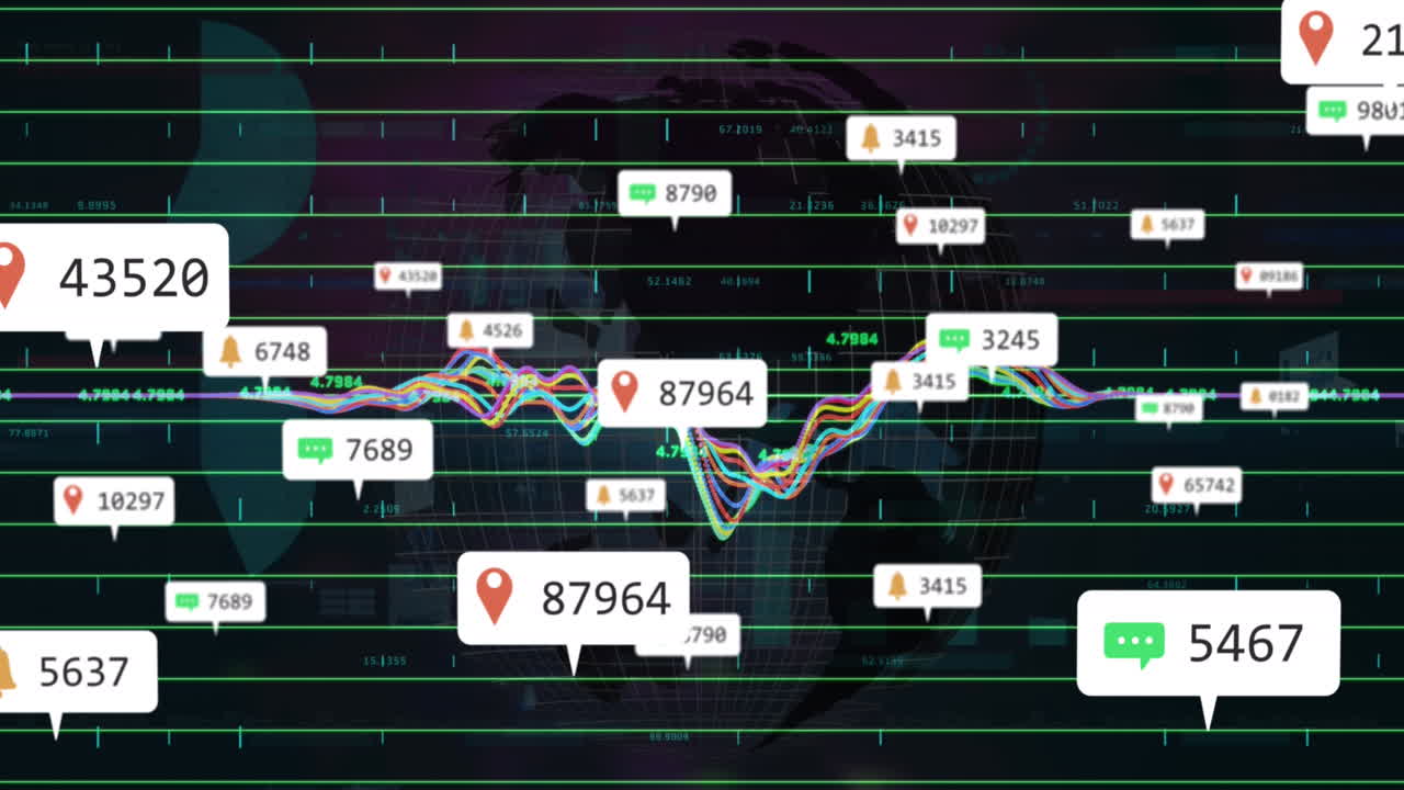 알림 바, 변화하는 숫자 및 추상적인 배경에 대한 지구상의 그래프의 애니메이션