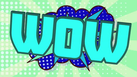 animación de texto wow sobre una burbuja de habla retro contra el patrón de fila de puntos en fondo verde.