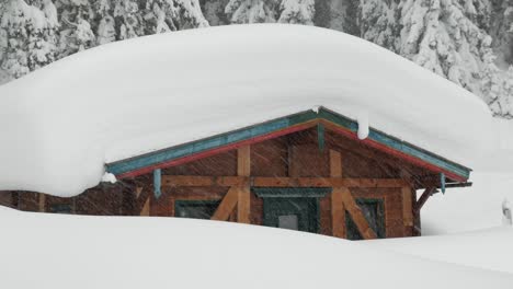 Pequeña-Cabaña-Con-Masas-De-Nieve-En-El-Techo-Durante-Las-Nevadas,-Acercándose