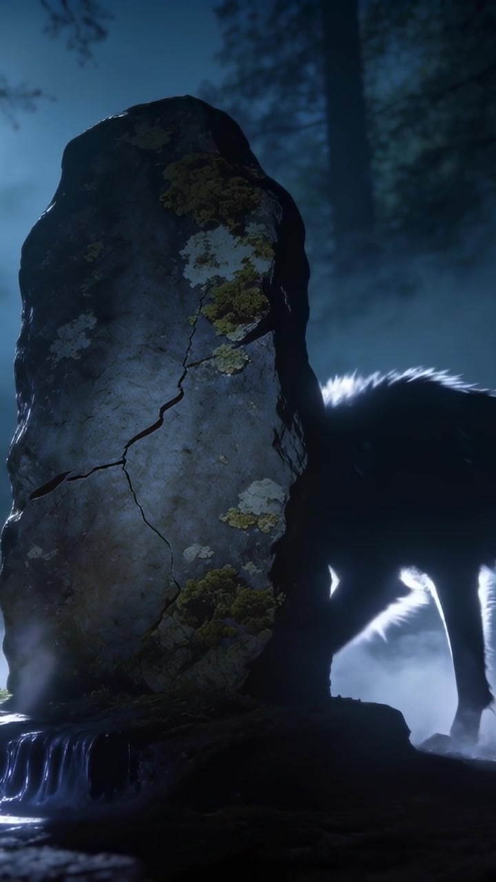 Vertical video: Backlighting revealing lone wolf sniffing around standing stone in fog, copy space