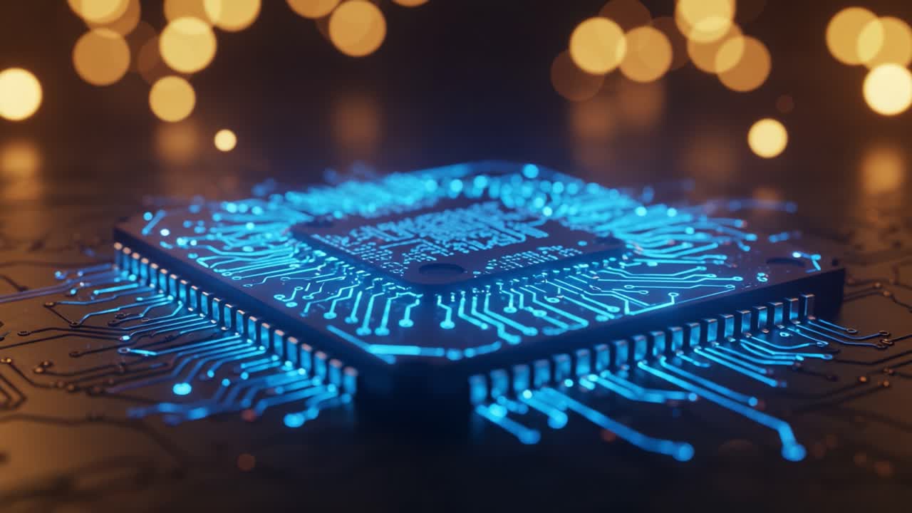 Illuminated Microchip with Circuitry Highlights: A Captivating Display of Technology Showcasing a Glowing Processor Surrounded by Abstract Bokeh Lights