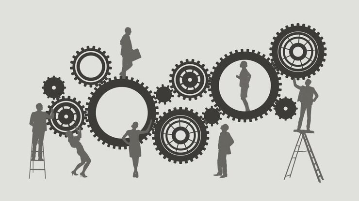 Business people running and turning cogs