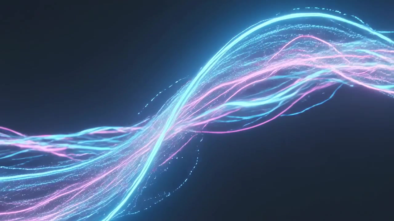 Animation starting, neon ribbons undulating on dark void, shedding filaments for rhythmic effect