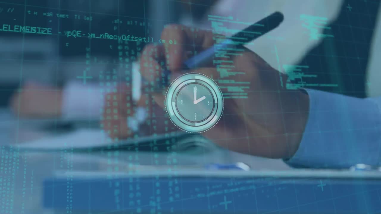 Animation of clock and data processing over diverse business people