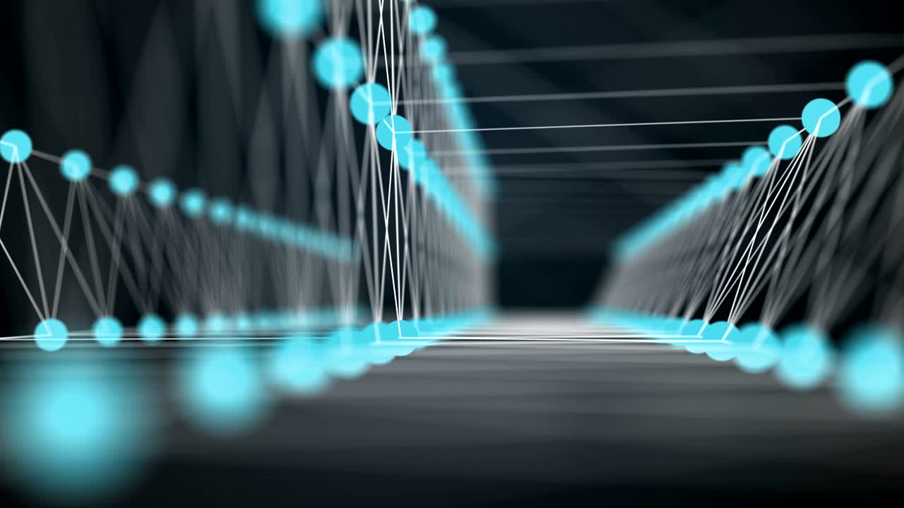 추상적인 파란색 다리: 점과 선을 연결하여 만든 두 측면 사이의 움직이는 행동; 화 구성; 4k 보케