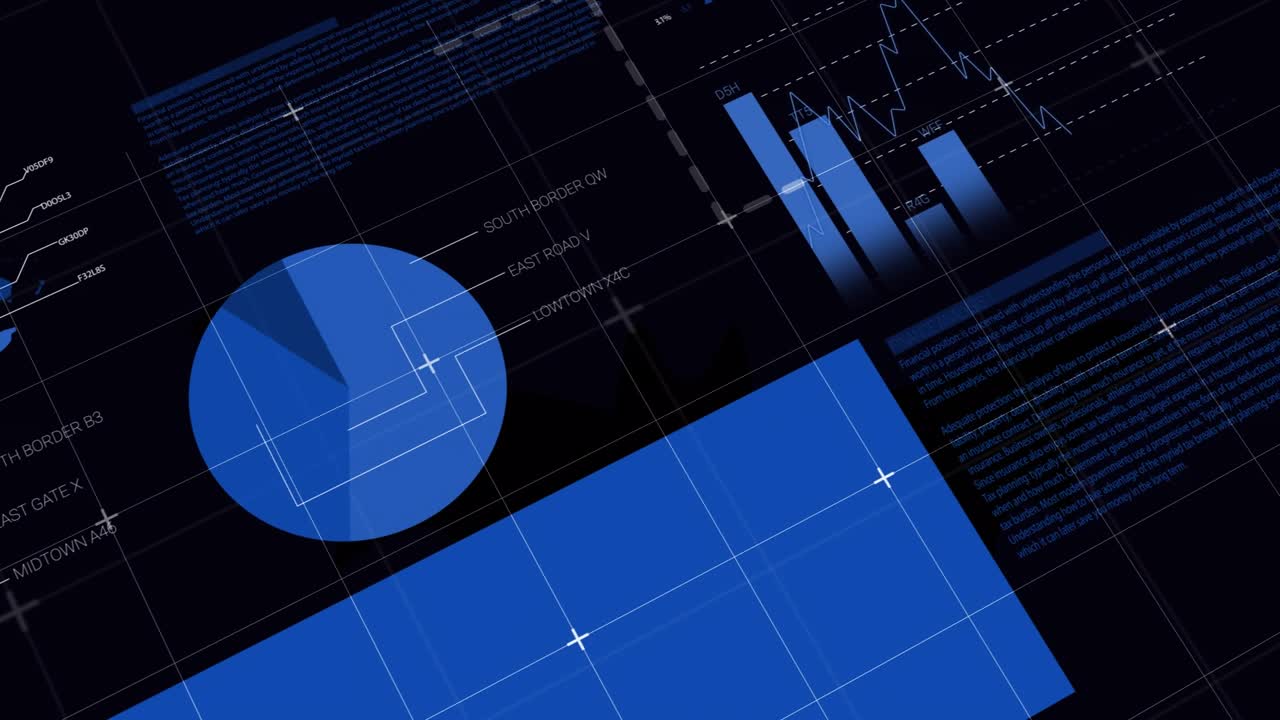 Animation of financial data processing on black background