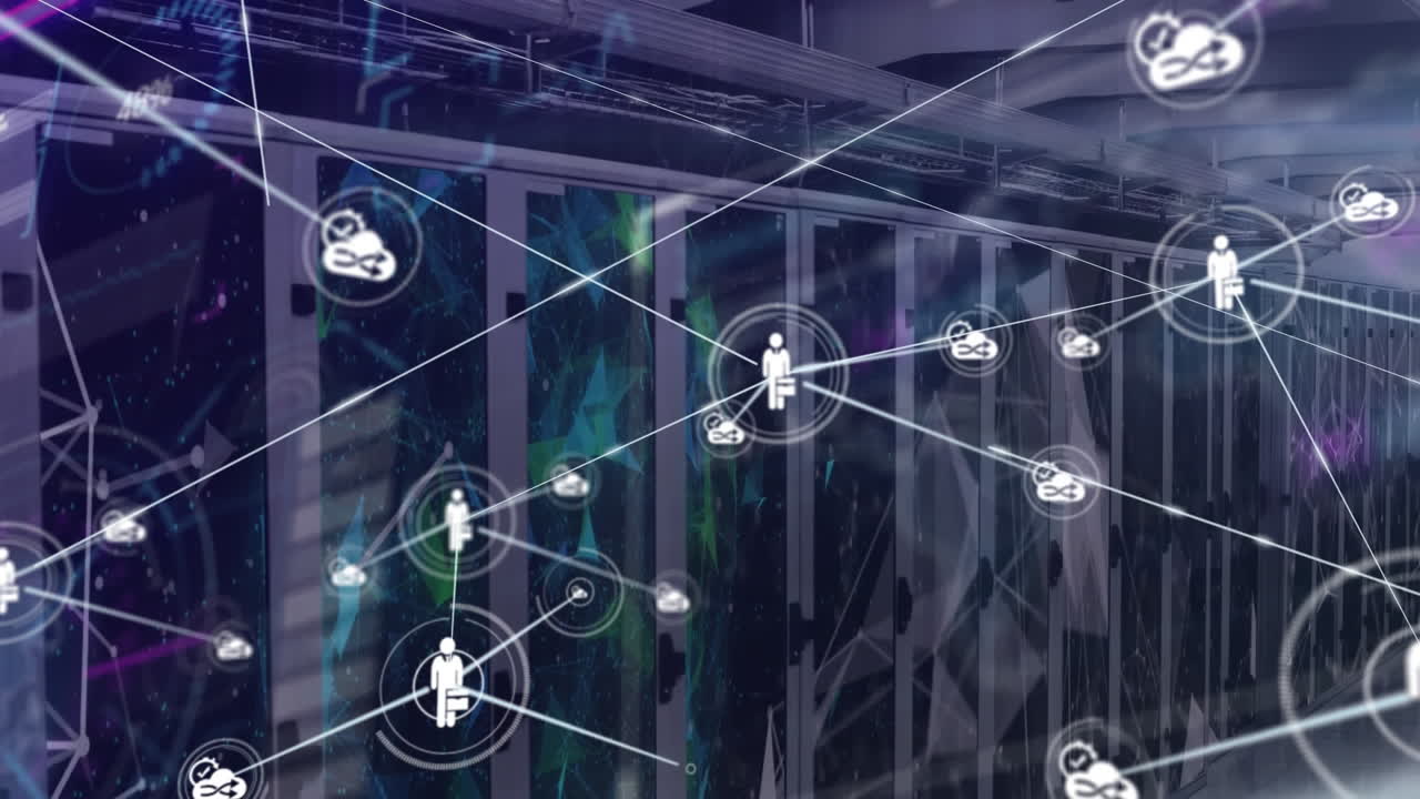 Animation of network of connections with icons and data processing over computer servers