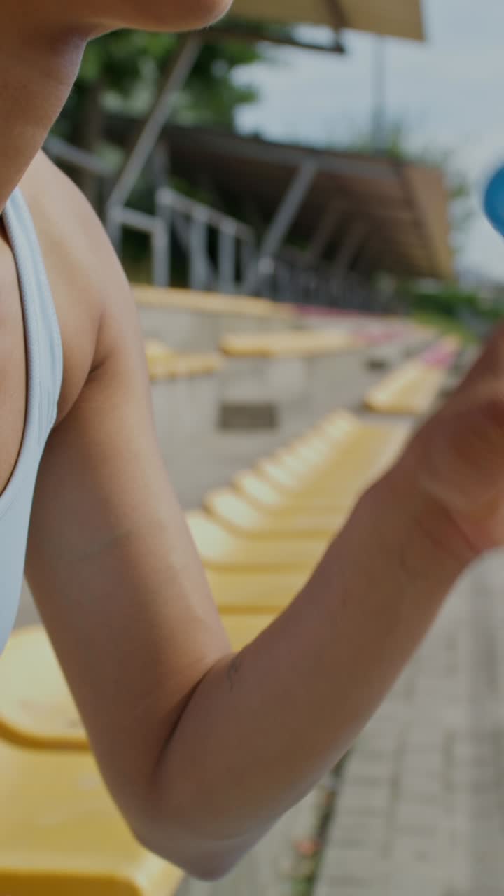 mujer bebiendo agua en un estadio