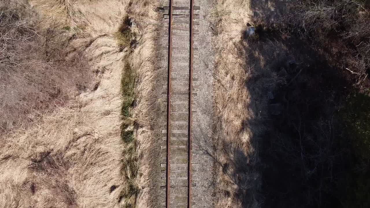 vista aérea de una línea ferroviaria rodeada de hierba y árboles