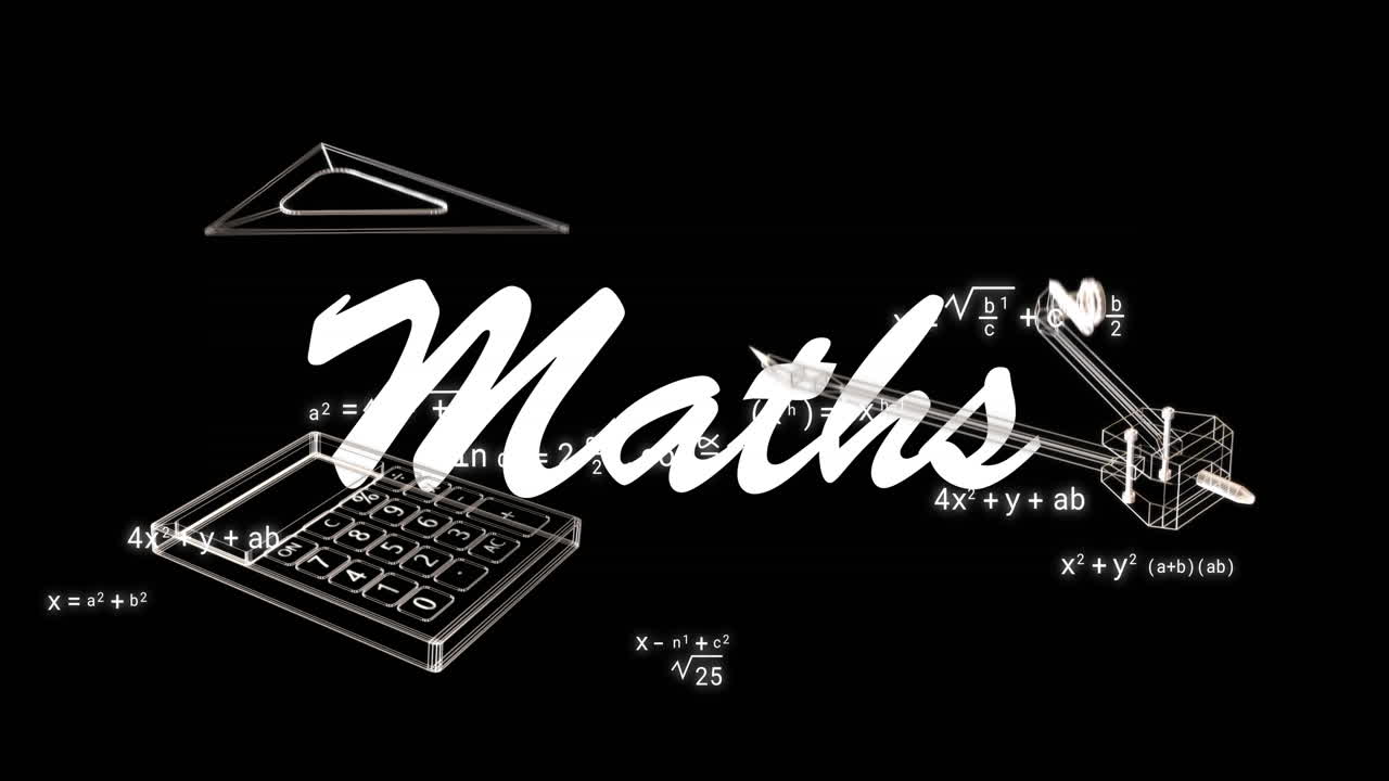 Animation of maths text over icons and mathematical equations on black background