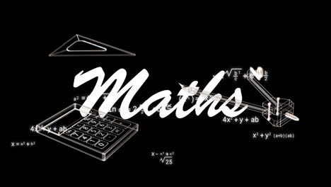 animación de texto matemático sobre íconos y ecuaciones matemáticas en fondo negro