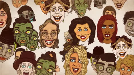 an eclectic mix of stylized cartoon faces, including humans, monsters, and zombies