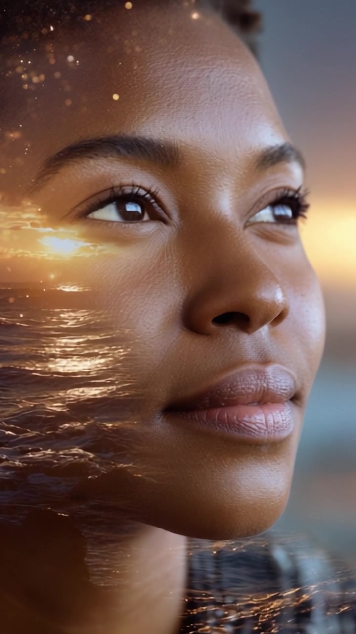 Riflesso accattivante: Lo sguardo sognante di una donna che si fonde con un sereno tramonto sull'oceano in un'esperienza cinematografica accattivante.