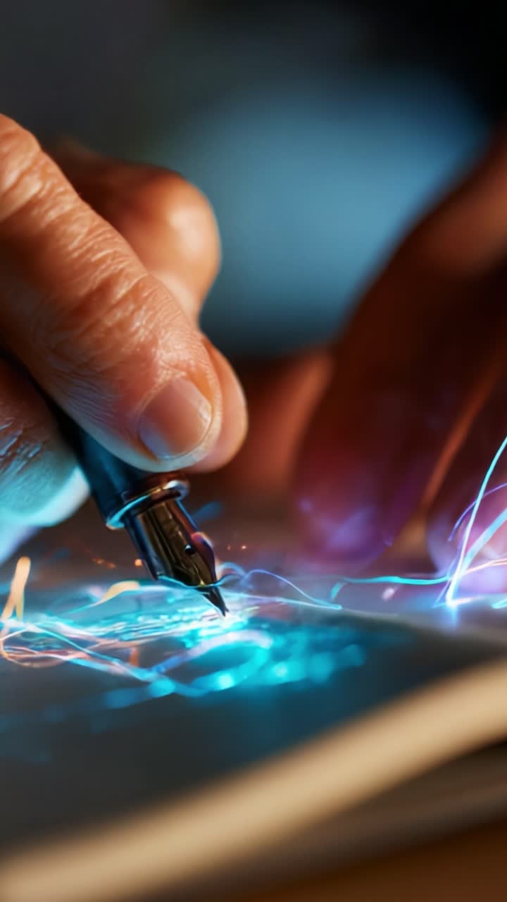 En kreativ hand rör sig graciöst över ett papper och skapar lysande mönster med en penna, vilket avslöjar den energigivande kopplingen mellan konst och teknik i realtid.
