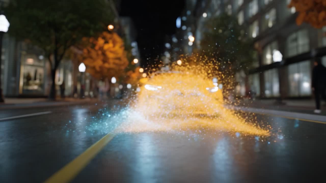 Una exhibición fascinante de partículas vibrantes que brotan de un vehículo en movimiento por la noche, iluminando las calles urbanas con colores y energía dinámicos.
