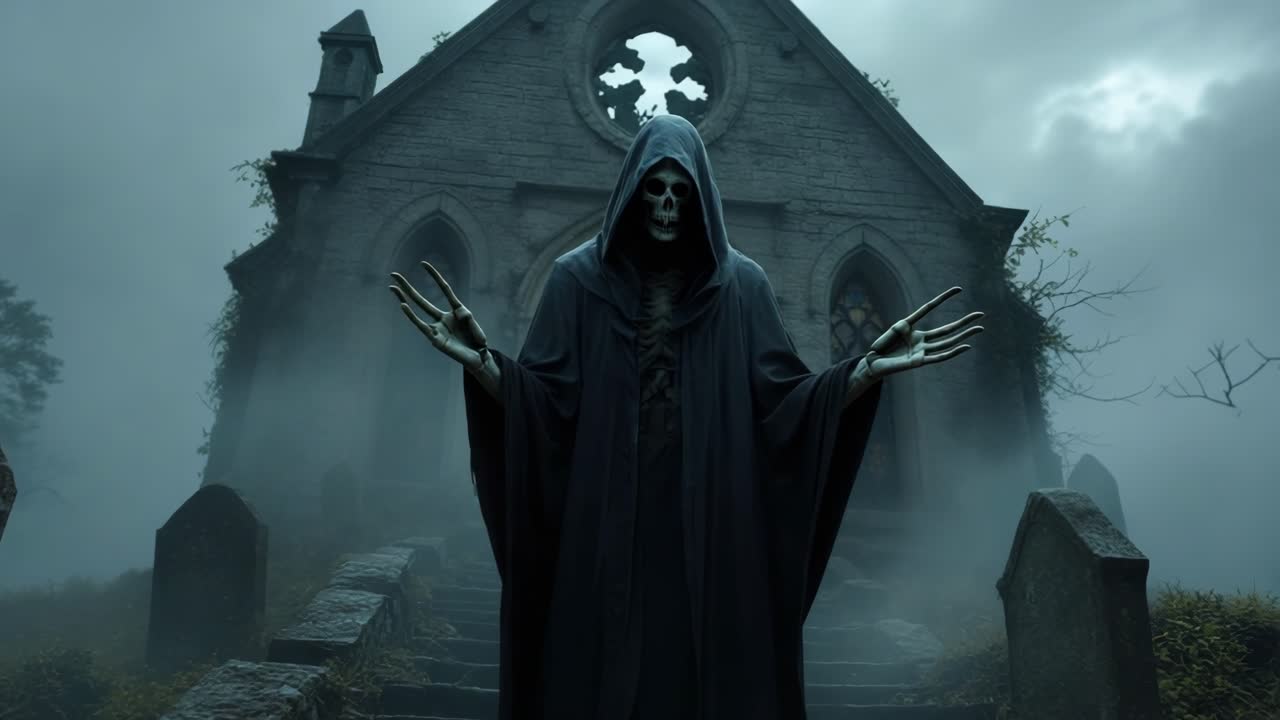 Mysterious figure in dark cloak gestures dramatically in foggy graveyard scene
