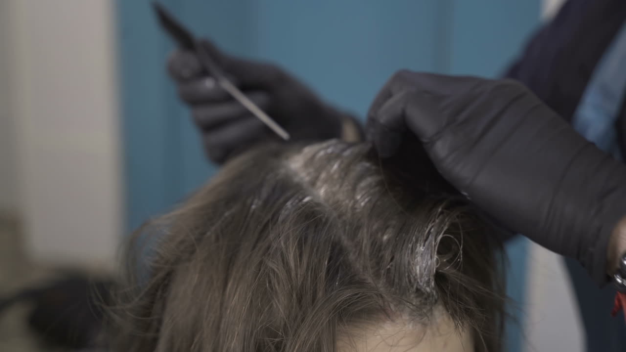 Professional hairdresser dyeing hair of her client at beaty salon