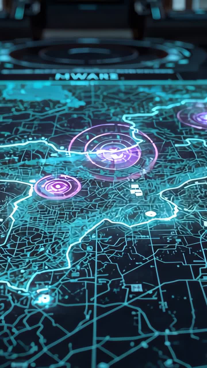 Vertical video: Powering display projecting cyan map nodes pulsing with magenta rings at console