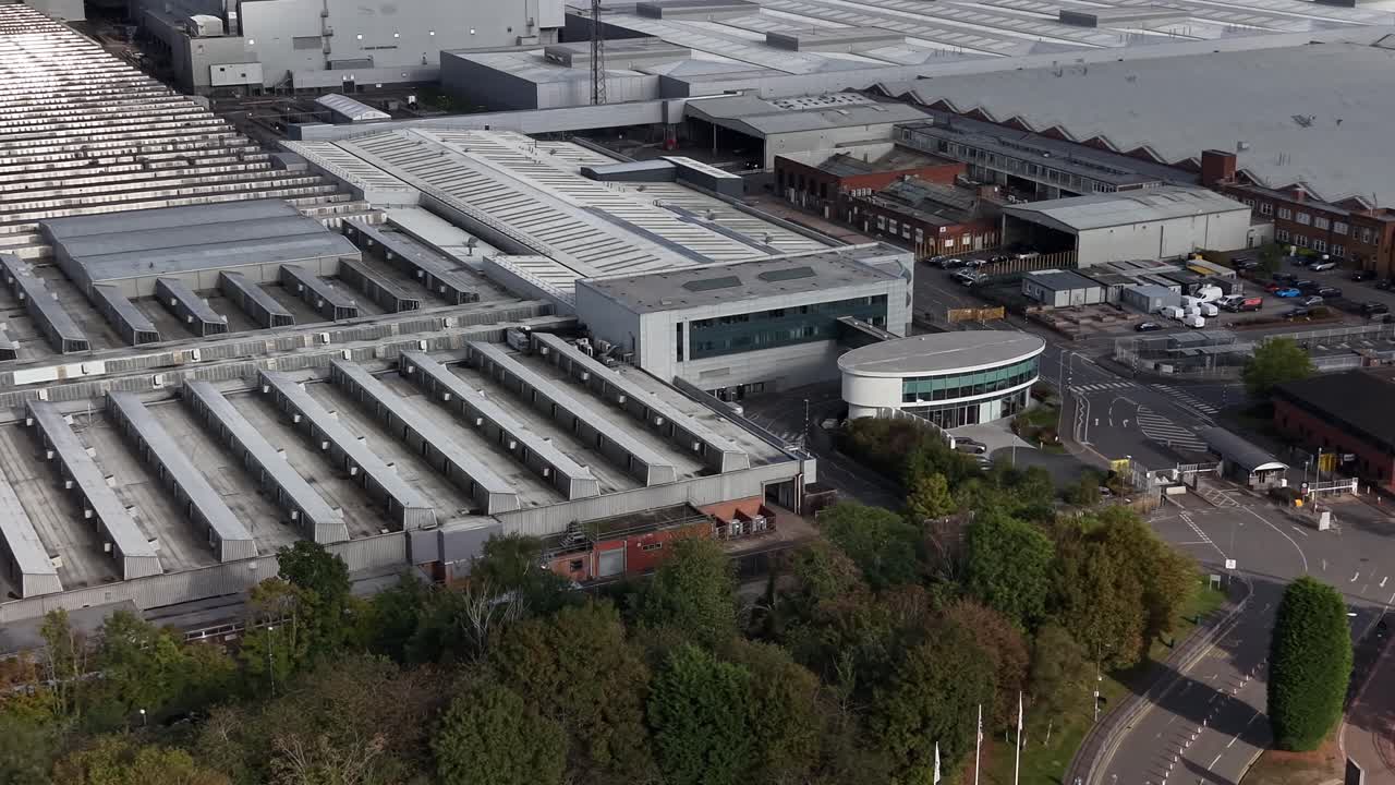 Drone shot of the Jaguar Landrover factory (JLR) in Solihull, Birmingham, England, UK