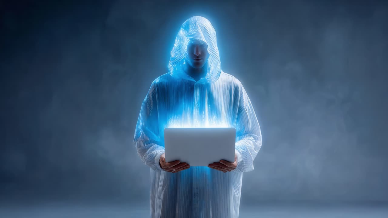 A Mysterious Figure in a Hooded Cloak Manipulates Digital Energy from a Laptop, Creating a Surreal Atmosphere of Technology and Enchantment in a Dark, Ethereal Setting