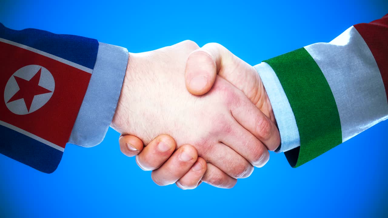 Corea del Nord - Italia / Animazione concettuale di stretta di mano su paesi e politica / Con canale alfa