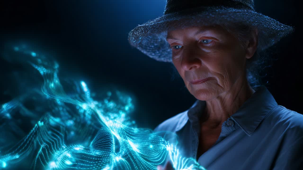 A Thoughtful Elderly Woman Gazes at a Futuristic Holographic Display of Dynamic Energies, Exploring the Infinite Possibilities of Technology and Human Connection in a Dark Ambient Space
