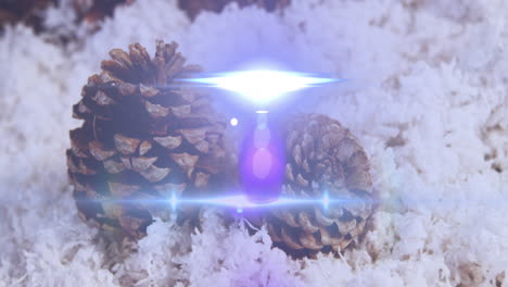 animación de luces brillantes que se mueven sobre conos de abeto decoraciones de navidad