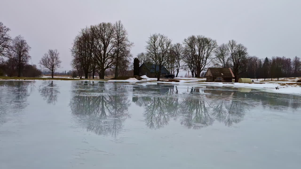 pan disparado sobre el lago congelado rodeado de cabañas de madera a lo largo de la campiña rural en un frío día de invierno
