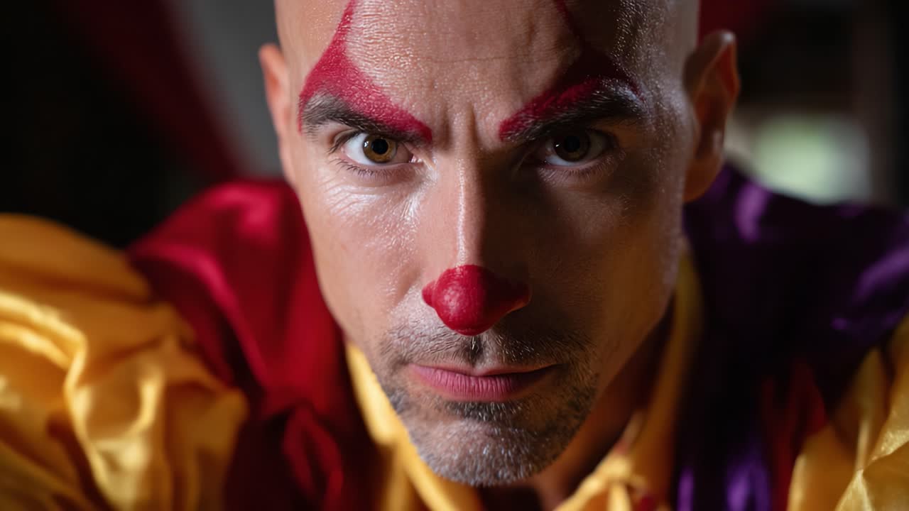 A captivating close-up of a clown's intense expression, showcasing vibrant makeup and dramatic colors, embodying the complexity of performance art and character portrayal