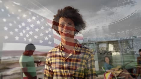 Animation-of-waving-flag-of-usa-over-group-of-friends-having-fun-on-the-beach-and-stadium