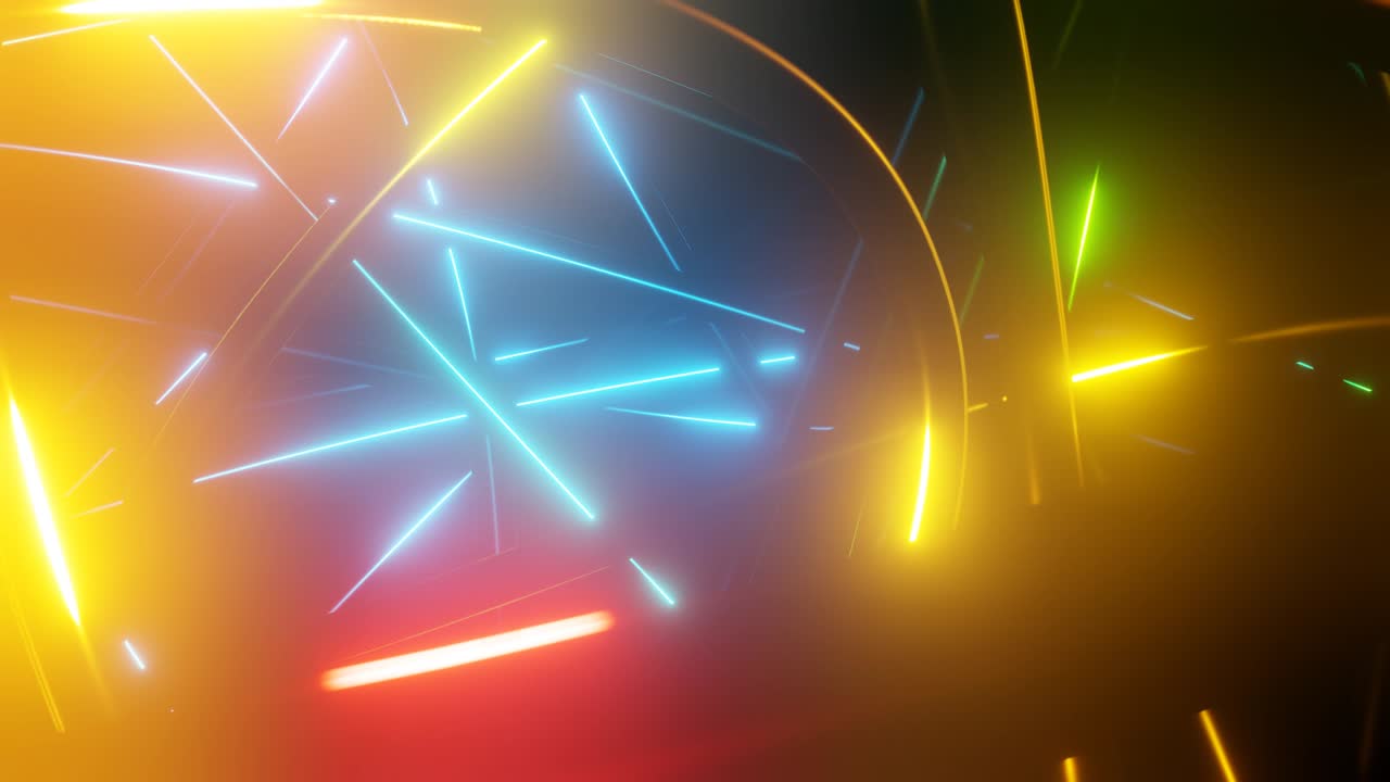 intersección de alambre con brillo de neón multicolor en las caras se mueven suavemente en ciclo, constantemente cruzándose entre sí. fondo abstracto de ciencia ficción y tecnología con mecanismo concéntrico, hermosa luz