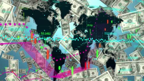 procesamiento de datos sobre el mapa del mundo contra la caída de los dólares estadounidenses