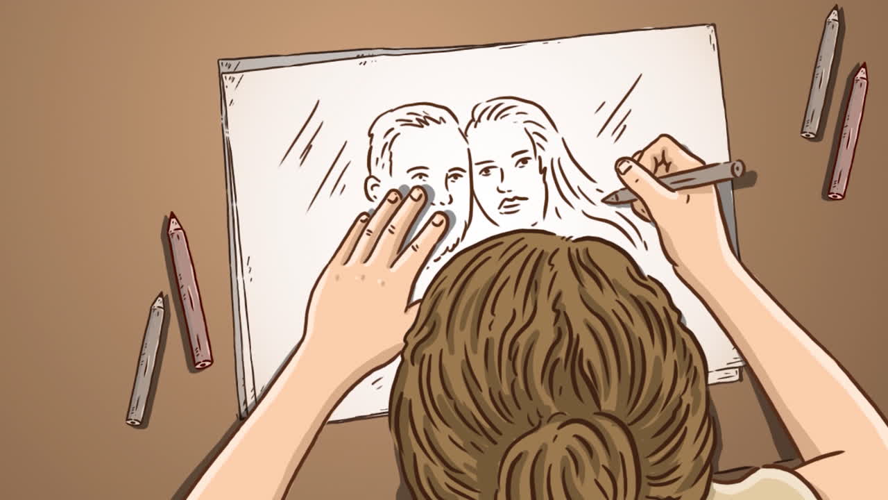 chica dibujando un retrato de una pareja