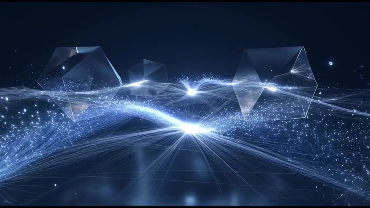 Abstract Digital Network with Floating Geometric Shapes and Glowing Light Particles