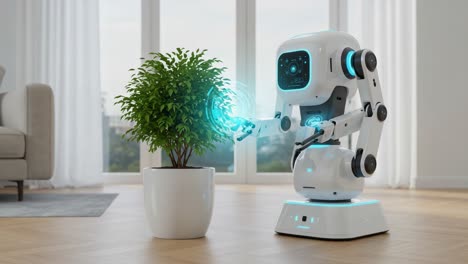innovative home assistant robot nurturing a plant with advanced technology in a bright living space, showcasing the future of robotics and sustainable living